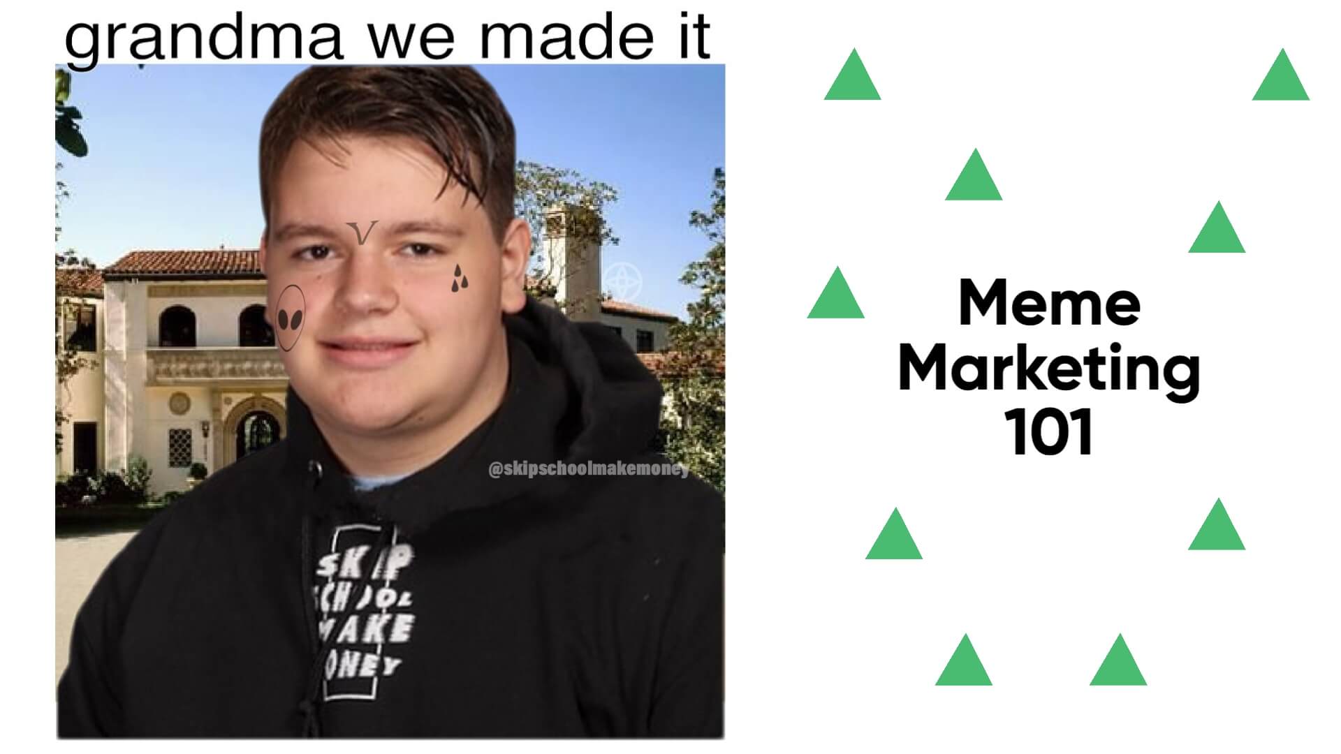 SkipSchoolMakeMoney showcases pioneering marketing strategy - Meme Marketing, showcasing various memes from the brand's social media presence