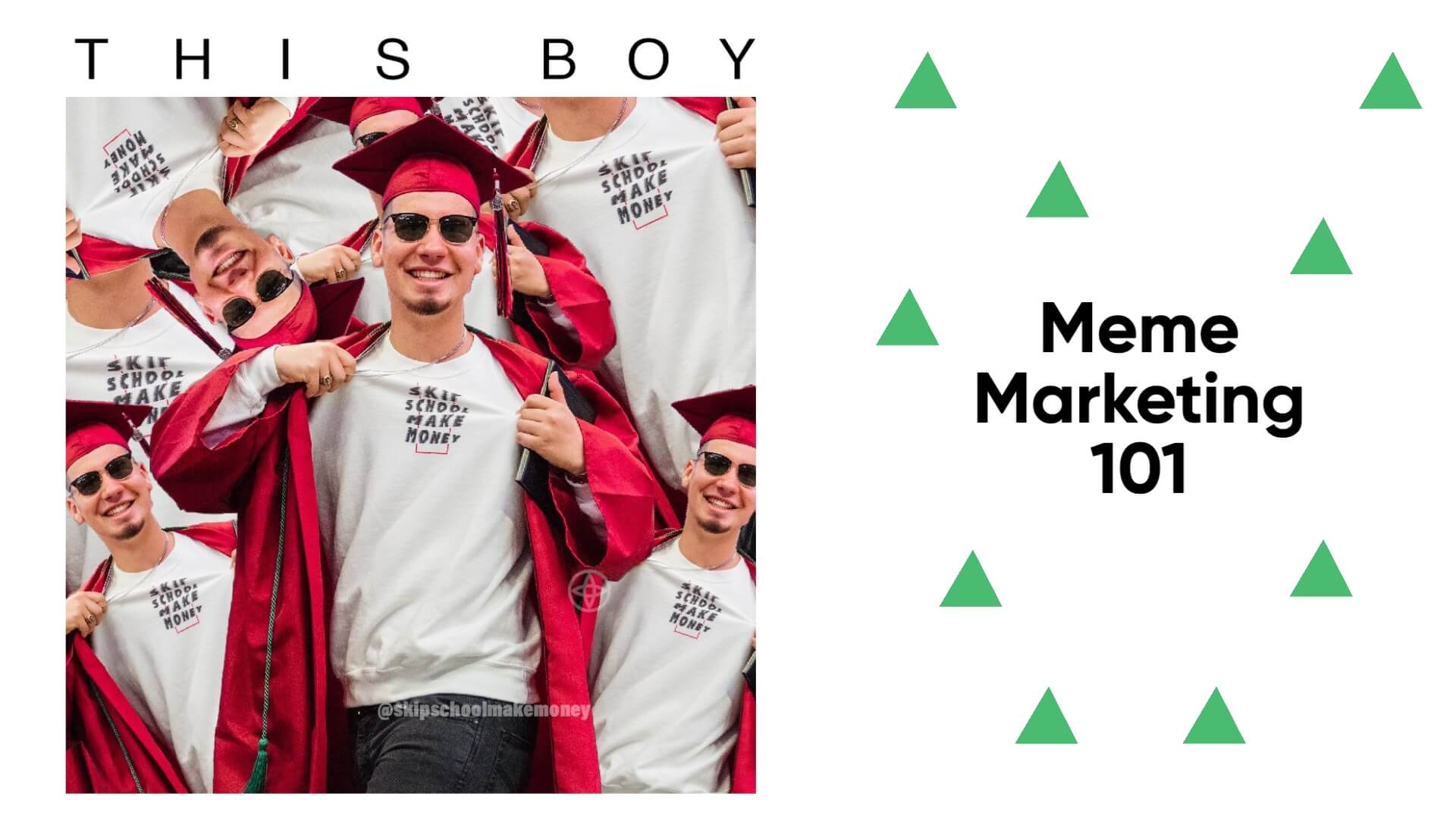 SkipSchoolMakeMoney showcases pioneering marketing strategy - Meme Marketing, showcasing various memes from the brand's social media presence