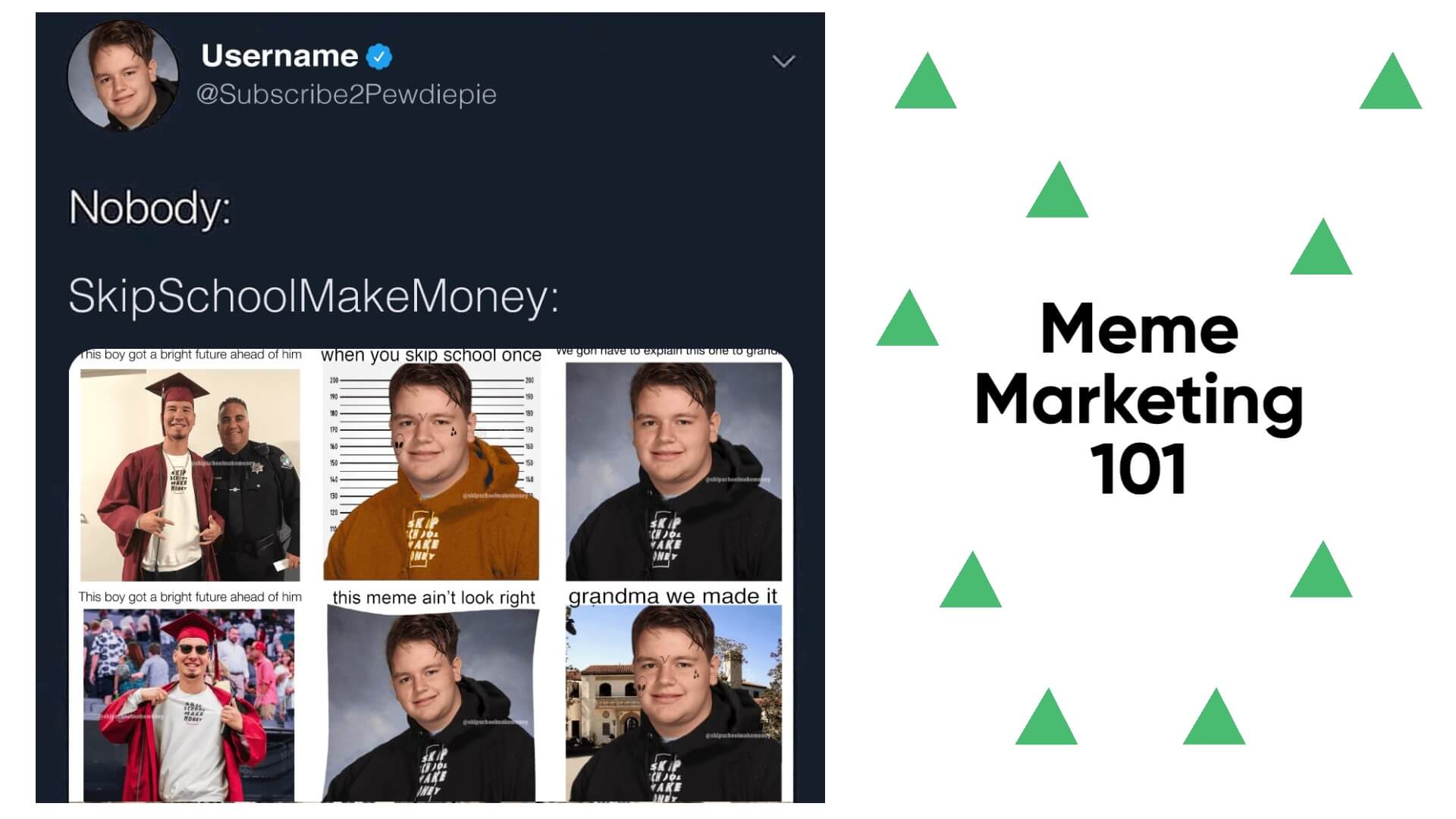 SkipSchoolMakeMoney showcases pioneering marketing strategy - Meme Marketing, showcasing various memes from the brand's social media presence
