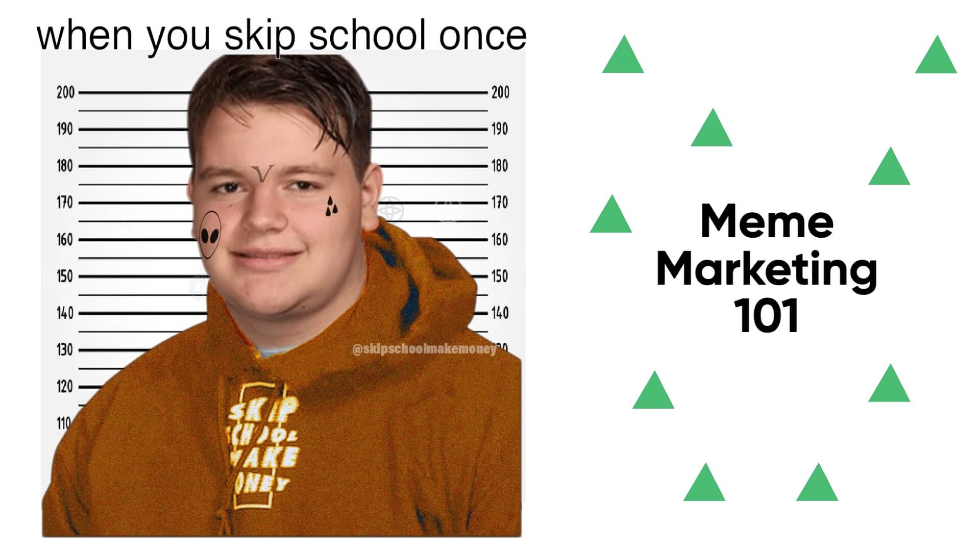 SkipSchoolMakeMoney showcases pioneering marketing strategy - Meme Marketing, showcasing various memes from the brand's social media presence