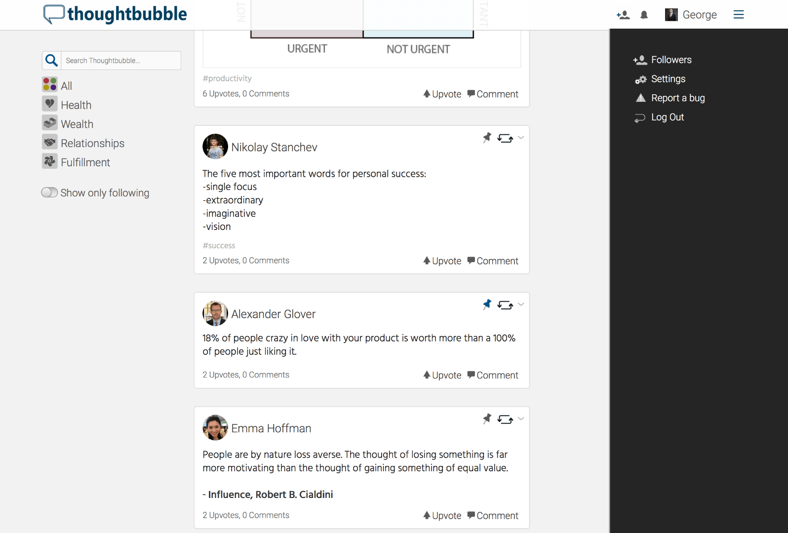 thoughtbubble feed with expanded side menu showing followers, settings, bug report, and log out