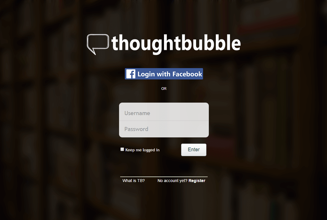 thoughtbubble login screen with email login and Facebook login option